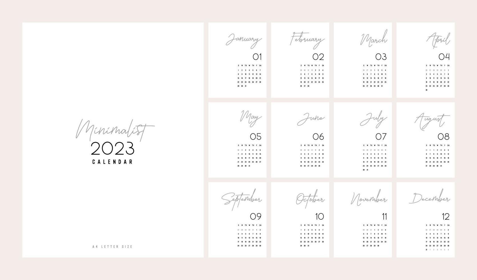 Style minimaliste tendance du calendrier 2023. conception de planificateur de calendrier minimal pour l'ensemble de modèles d'impression de calendrier de bureau de 12 pages. illustration vectorielle vecteur