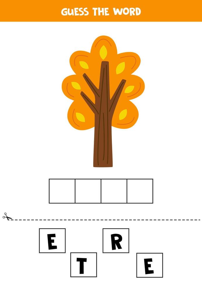 jeu d'orthographe pour les enfants d'âge préscolaire. arbre d'automne de dessin animé. vecteur