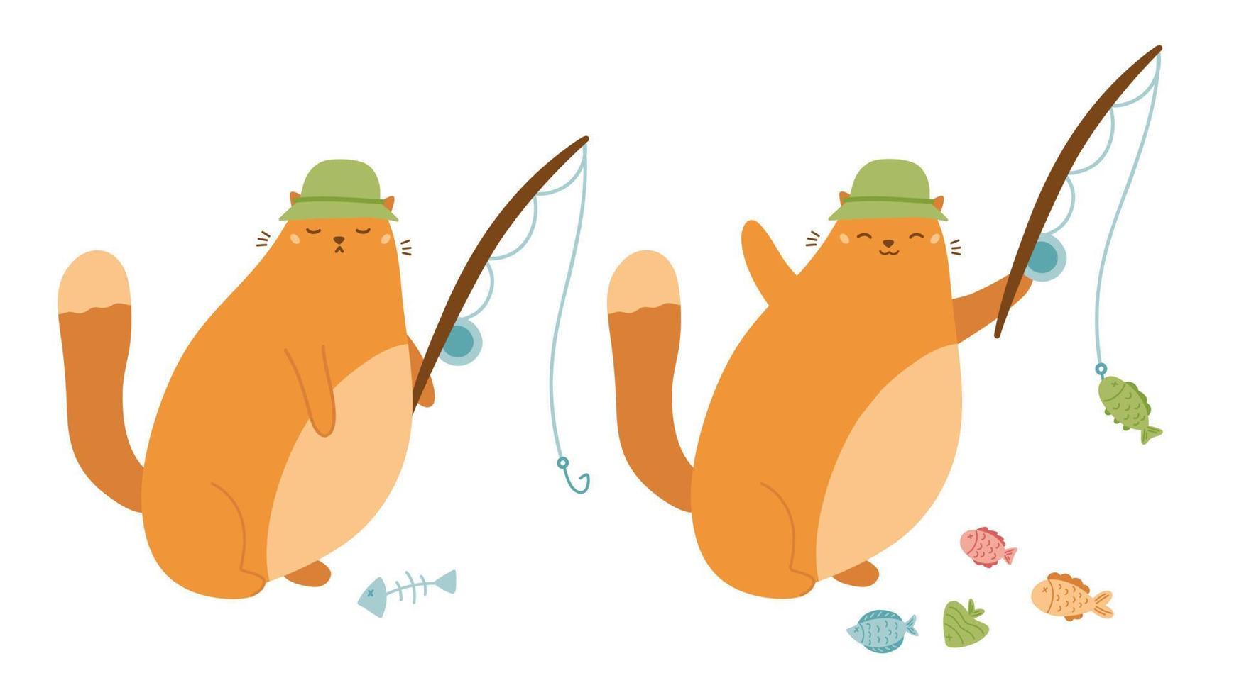 le gros chat mignon pêche. chat gingembre triste avec os de poisson. chaton heureux attraper du poisson avec des tiges. illustration vectorielle de style plat à la mode. vecteur