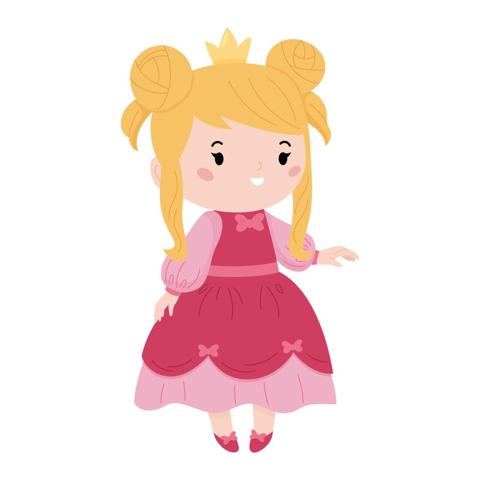 belle princesse kawaii sur fond blanc. personnages de dessins animés pour conte de fées. jolie robe rose avec des nœuds. illustration vectorielle. vecteur