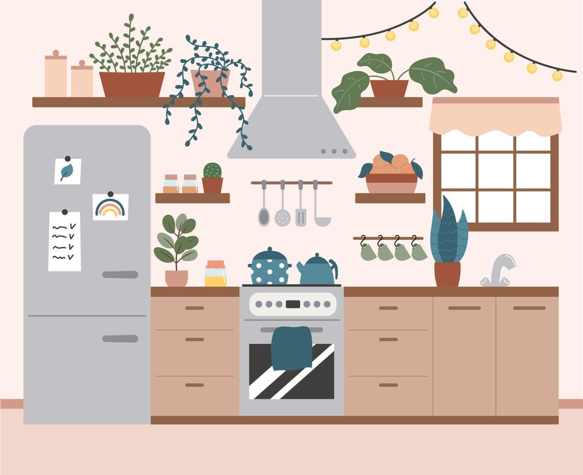 intérieur de cuisine confortable avec meubles, appareils de cuisson et plantes en pots. couleurs pastel tendance. concept de bannière de conception de dessin animé dessiné à la main. cuisine rétro. vecteur