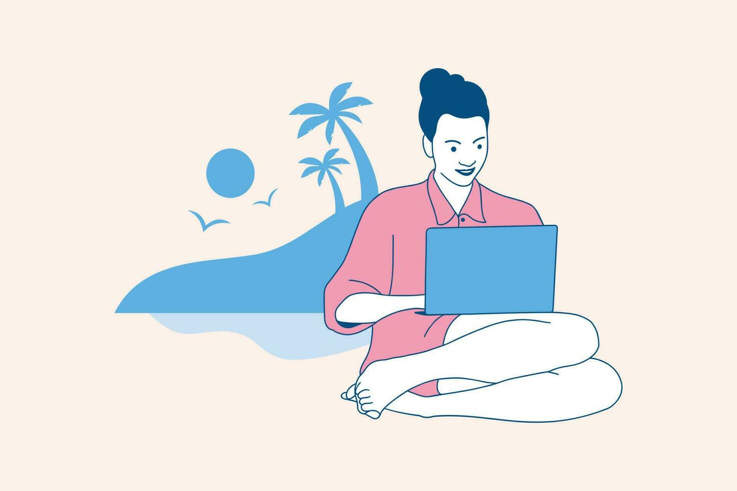 illustrations de belle femme nomade numérique aiment travailler avec un ordinateur portable sur le concept de design de plage vecteur