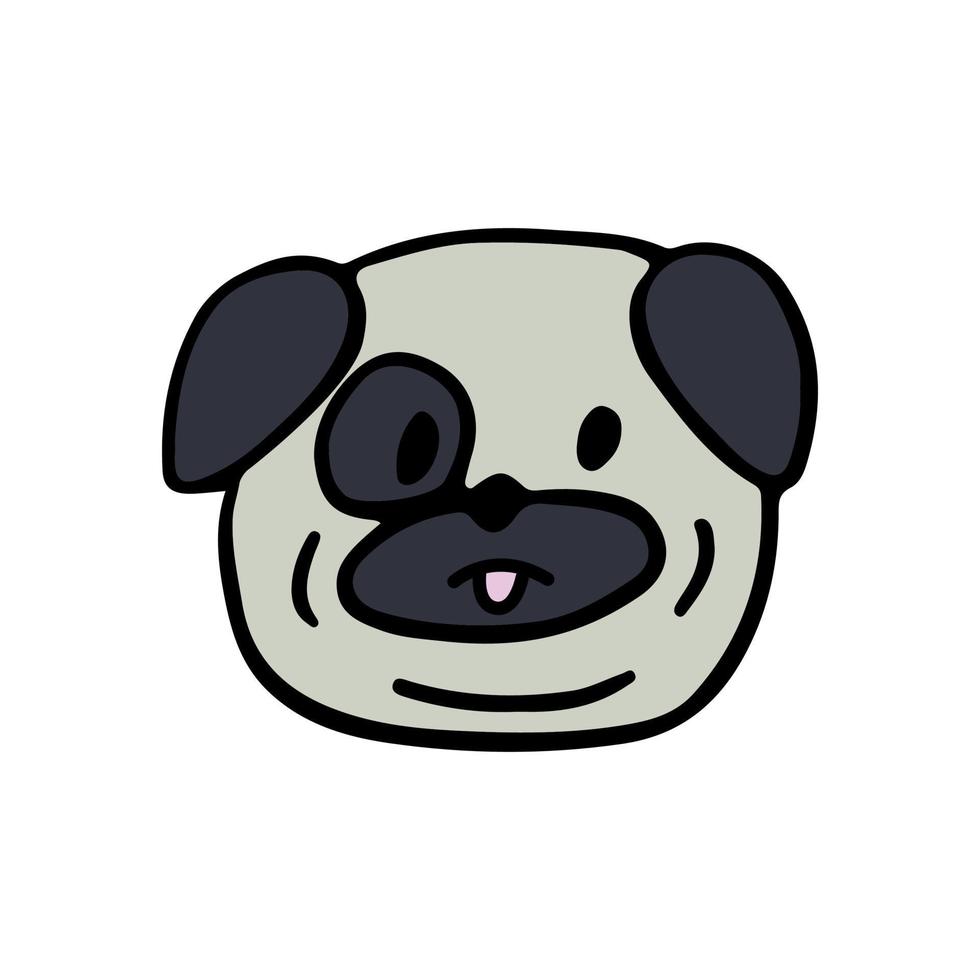 doodle de personnage de dessin animé de chiot drôle. chien mignon de dessin au trait de race carlin. joli animal de compagnie heureux isolé sur fond blanc. illustration vectorielle dessinée à la main en style cartoon. vecteur