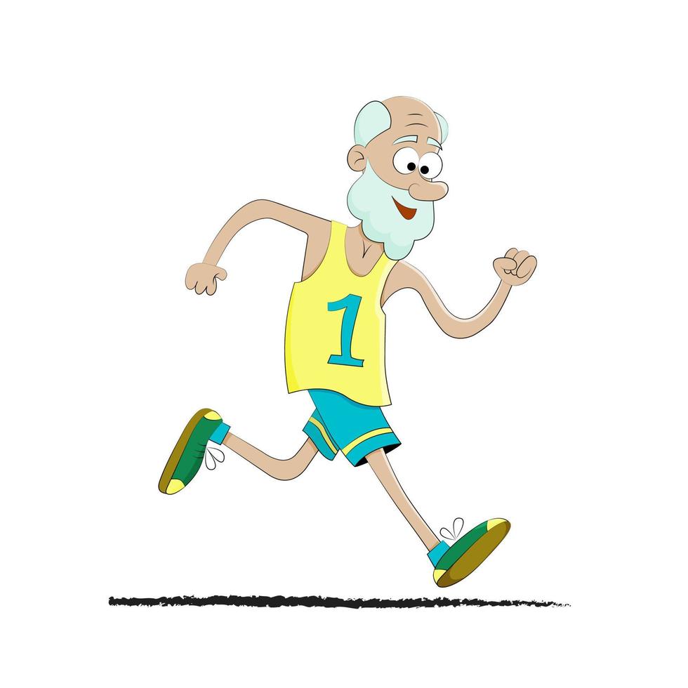 vieil homme courant dans le parc le matin ou un marathon sportif. isolé sur fond blanc. style plat, caricature. profil, vue de côté. grand-père fait du jogging lentement. vieil homme sprint. vecteur