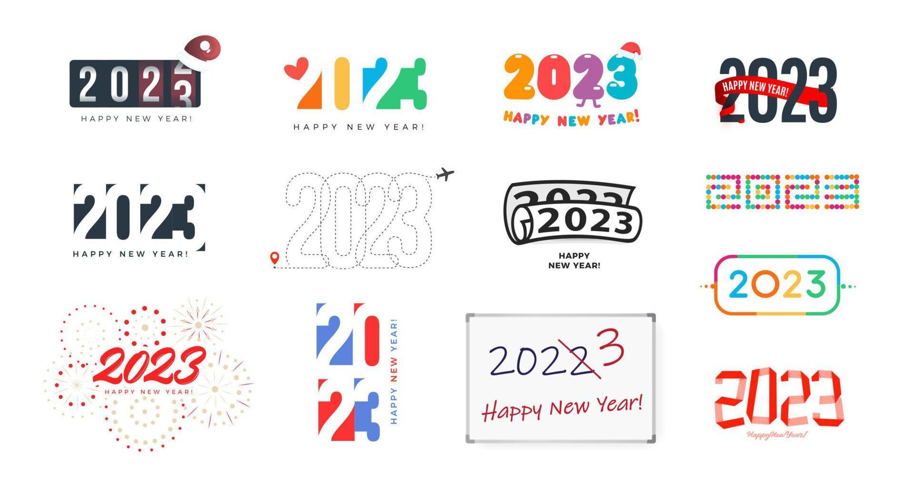Divers symboles du nouvel an 2023 définis pour la décoration de l'événement 2023, le logo graphique, le concept d'emblème créatif pour la bannière, la brochure, le dépliant, le calendrier, la carte de voeux, l'invitation à l'événement. logo vectoriel isolé.