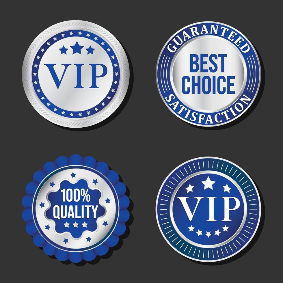 vip, meilleur choix, ensemble de conception d'étiquettes de qualité supérieure. emblèmes, badges aux couleurs bleu et métal avec étoiles, étoiles de prestige, produits exclusifs, services. étiquettes vip vectorielles eps 10. vecteur