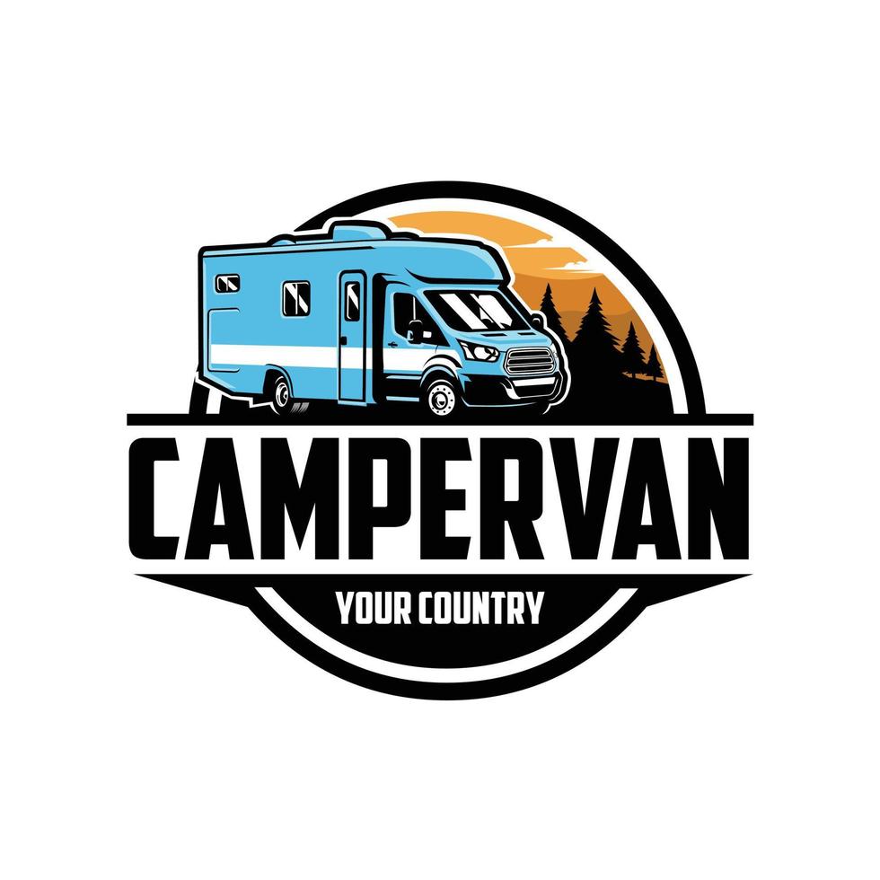 conception de logo de camping-car haut de gamme. modèle de jeu de logo emblème de cercle prêt à l'emploi camping-car rv vecteur