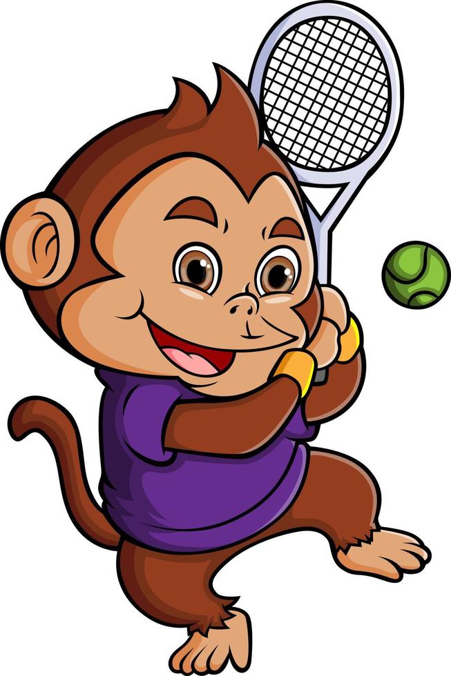 le singe mignon joue au tennis et frappe la balle vecteur