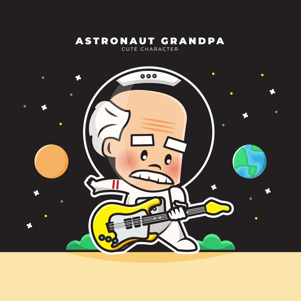 personnage de dessin animé mignon de grand-père astronautes joue de la guitare vecteur