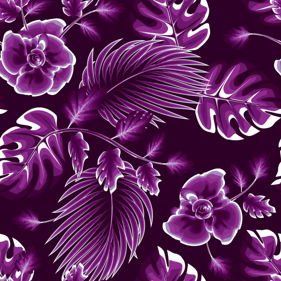 motif floral tropical harmonieux avec feuille de palmier violet clair et feuilles de plantes monstères sur fond sombre. plantes tropicales exotiques. texture de tissu. imprimé jungle. fond d'écran nature vecteur