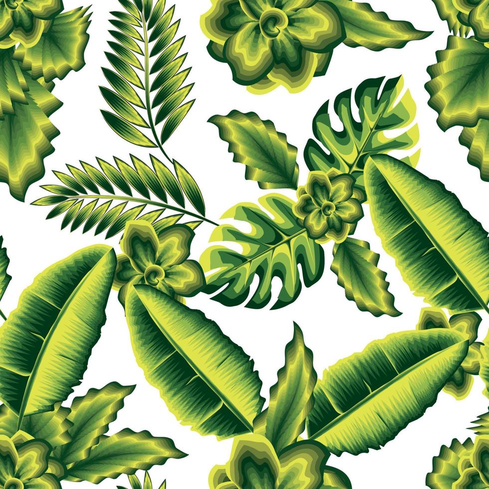 feuilles vertes motif tropical harmonieux à la mode avec des feuilles de bananier, des fougères, des feuilles de monstère et des plantes à fleurs de jasmin de couleur monochromatique. fond d'écran de la jungle. fond fleuri. conception d'été. le printemps vecteur