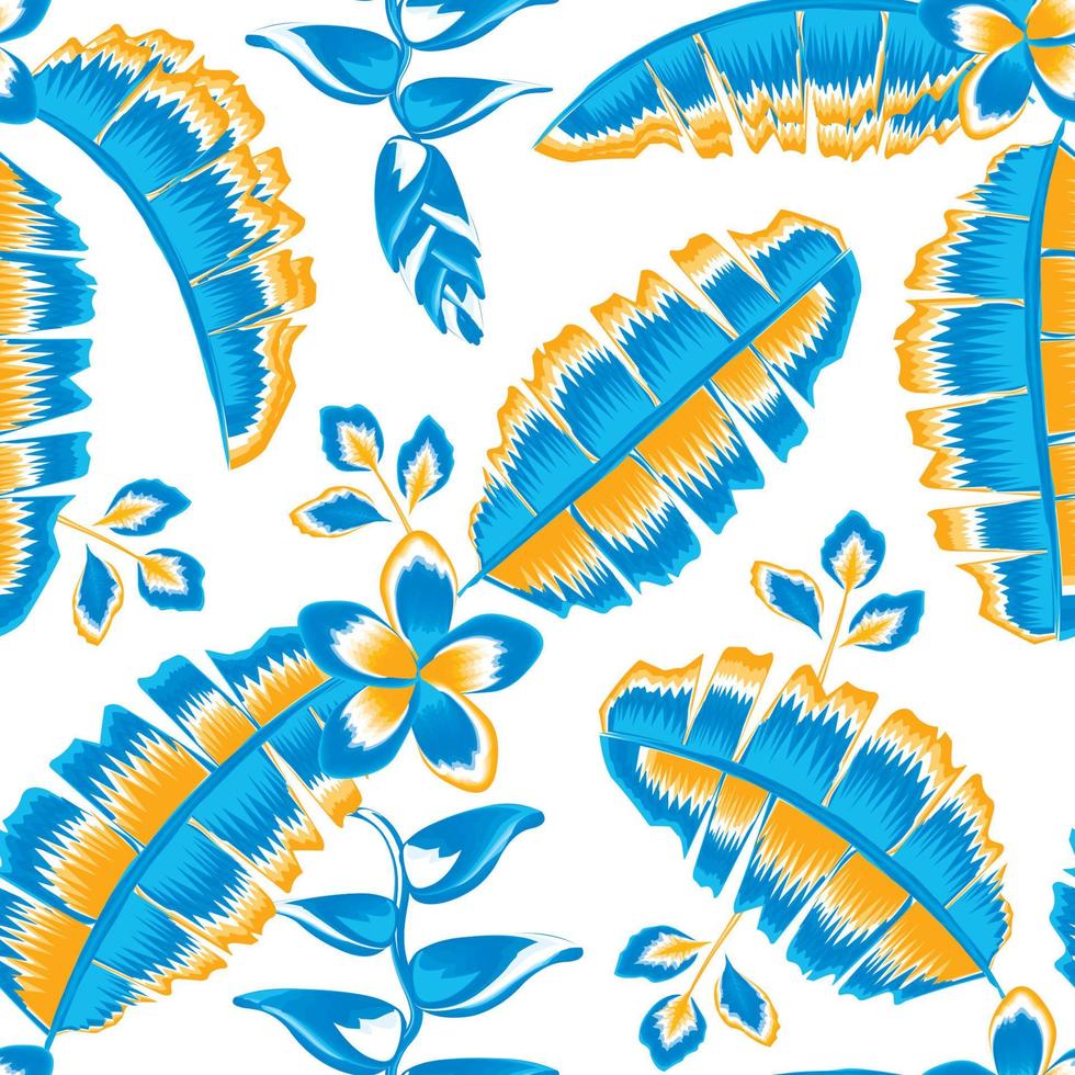 feuilles de bananier bleu motif sans couture avec combinaison de couleurs orange et fleurs de frangipanier, plantes tropicales heliconia dans un beau cadre pour chemise. design d'été exotique. fond fleuri. la nature vecteur