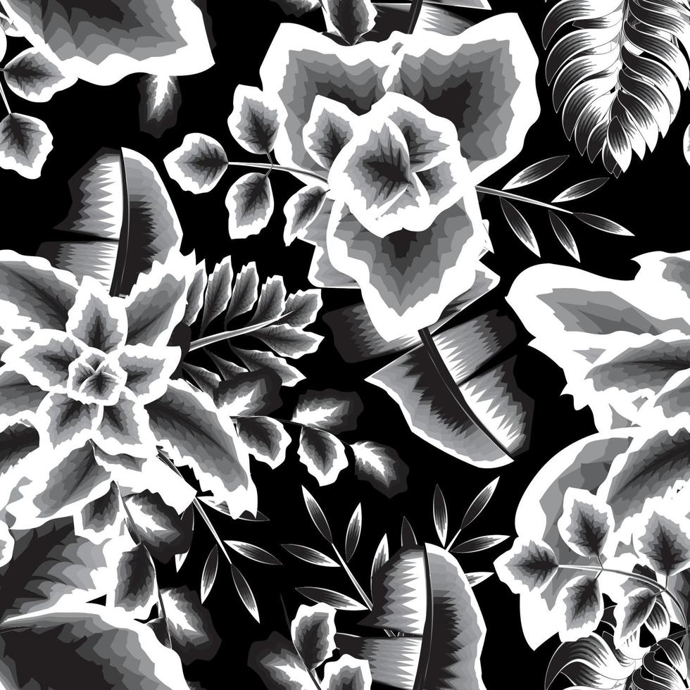 modèle sans couture botanique noir et blanc sur fond sombre. plantes tropicales monochromatiques feuille vecteur à la mode. arrière-plans tropicaux. été exotique. imprimé jungle. papier peint botanique vintage