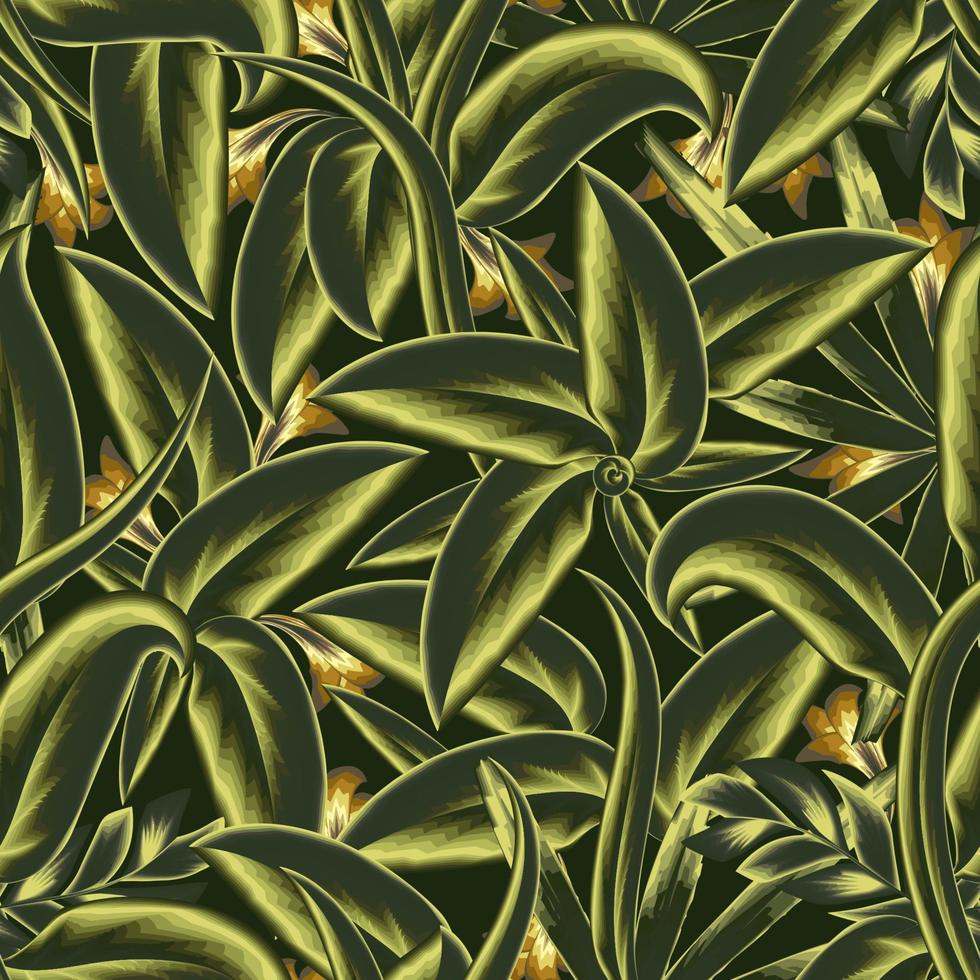 motif tropical avec des plantes à feuillage abstrait vert monochromatique et des feuilles sur fond sombre. façon forêt tropicale. fond d'écran vectoriel tropical. été exotique. imprimé jungle