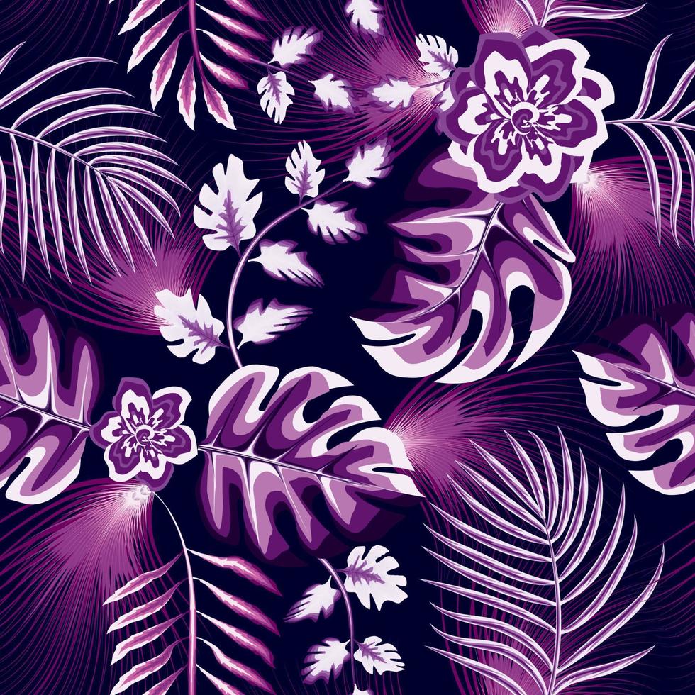 motif tropical harmonieux à la mode avec des feuilles de monstère violet clair et une feuille de palmier avec plus de plantes sur fond bleu foncé. belles plantes exotiques. imprimé hawaii d'été à la mode. fond d'écran nature vecteur