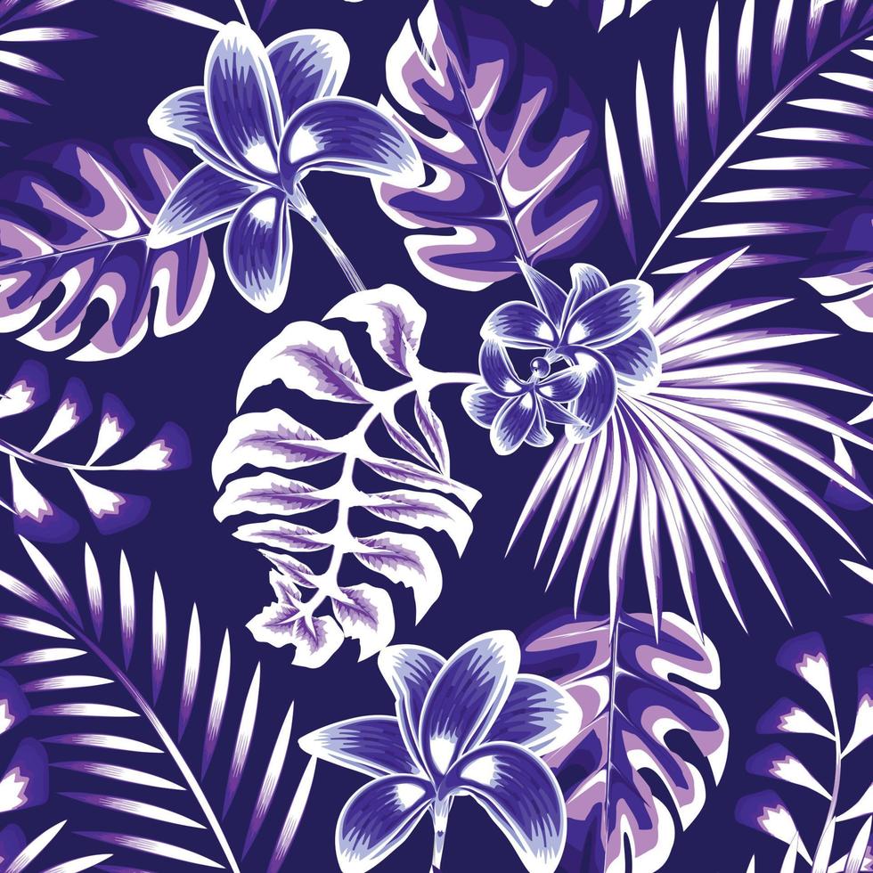 modèle sans couture moderne avec des feuilles de plantes tropicales violet clair et feuillage sur fond sombre. conception de texture à la mode, textile, tissu, impression. design et ornement exotiques. fond tropical vecteur