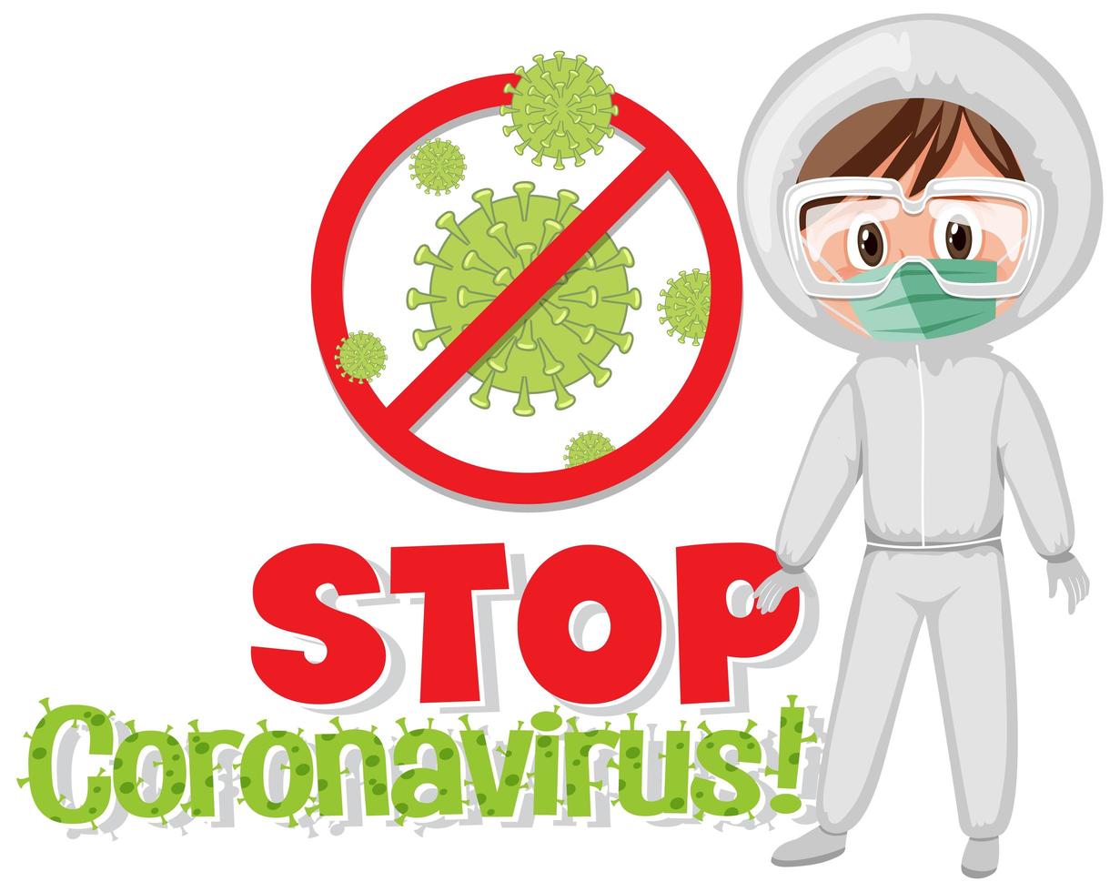Affiche `` Stop Coronavirus '' et médecin en costume de matières dangereuses vecteur