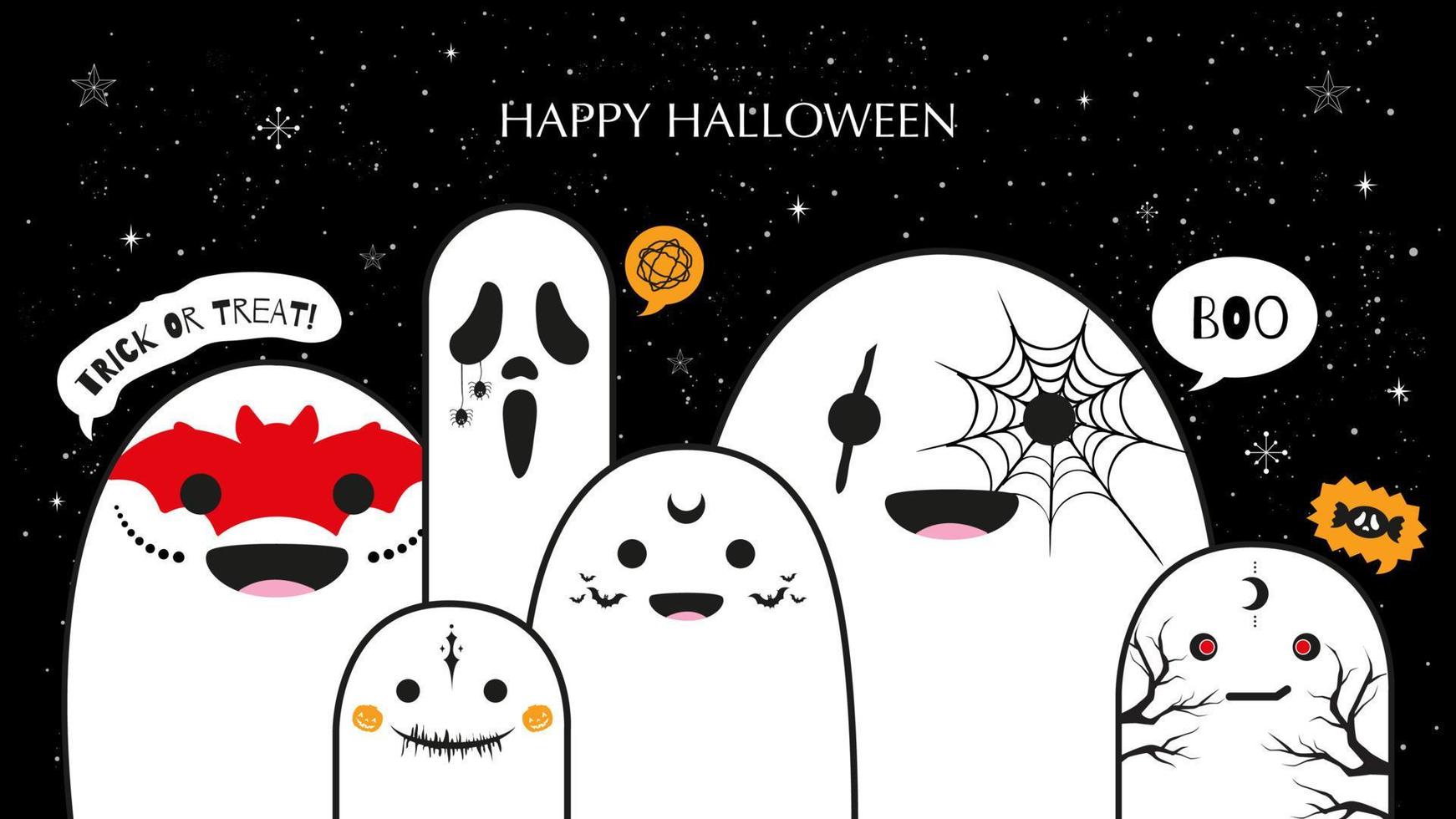 bannière d'halloween heureux avec de mignons fantômes blancs vecteur