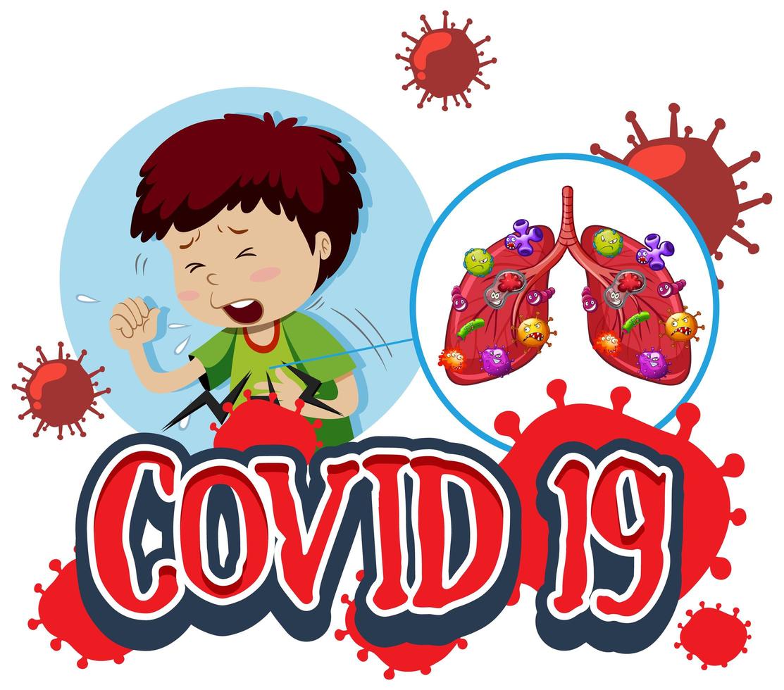 Covid 19 affiche avec garçon malade et mauvais poumons vecteur