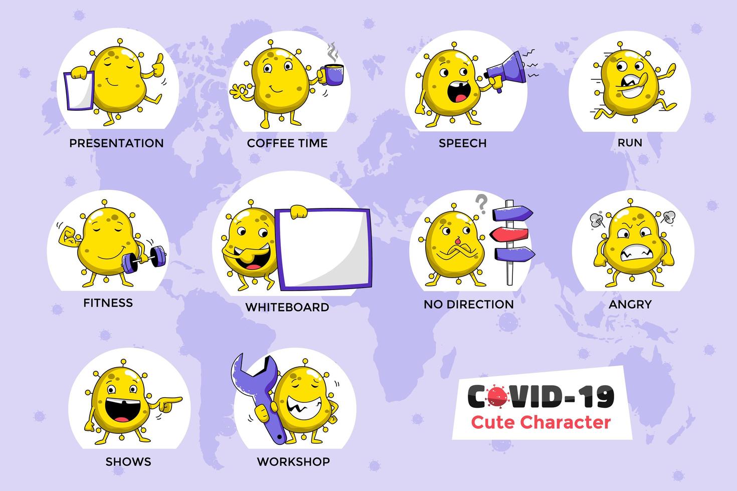 jeu de caractères coronavirus jaune covid-19 vecteur