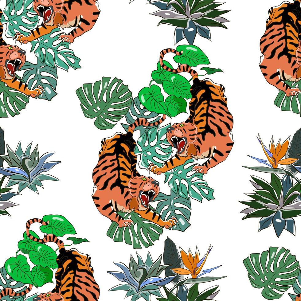 modèle sans couture tropical avec des tigres et des plantes tropicales. vecteur