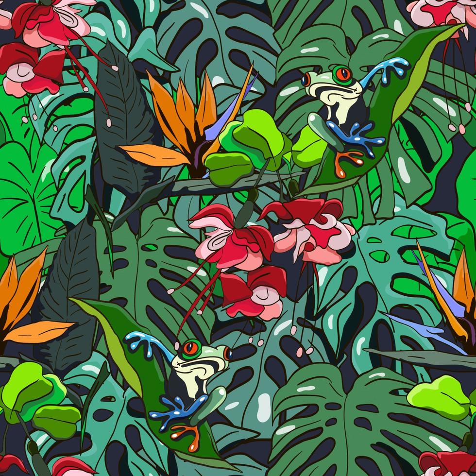 motif tropical harmonieux de fleurs exotiques, de monstère, de banane et de feuilles de palmier. vecteur