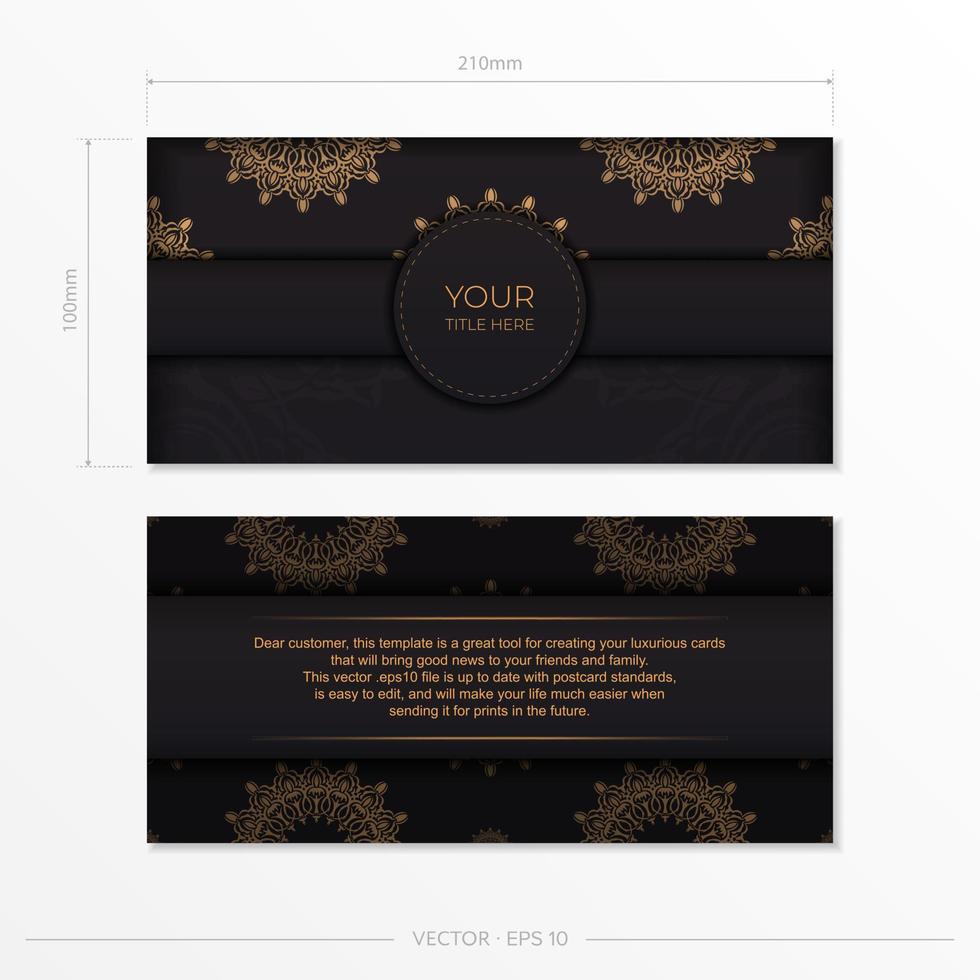 modèle de carte postale luxueux de couleur noire avec des motifs vintage. conception d'invitation prête à imprimer avec ornement de mandala. vecteur