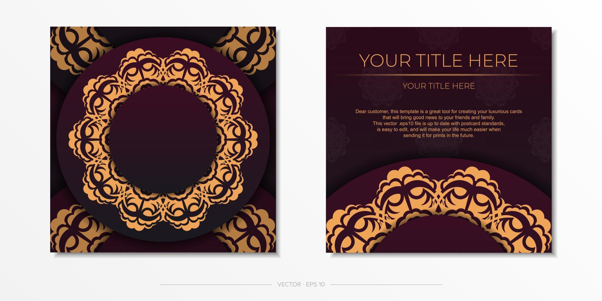 modèle de carte postale luxueuse couleur bordeaux avec ornement vintage. conception d'invitation prête à imprimer avec des motifs de mandala. vecteur