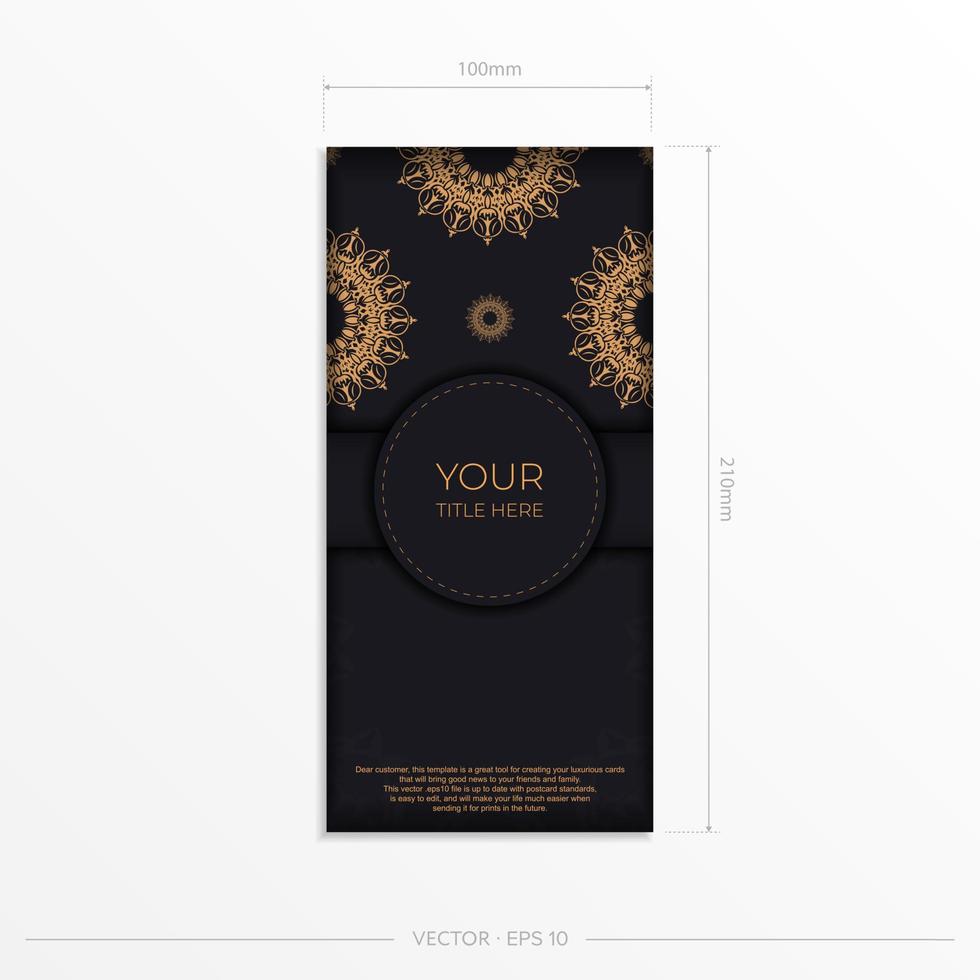 modèle de carte postale rectangulaire noir avec des ornements luxueux. conception d'invitation prête à imprimer avec des motifs vintage. vecteur