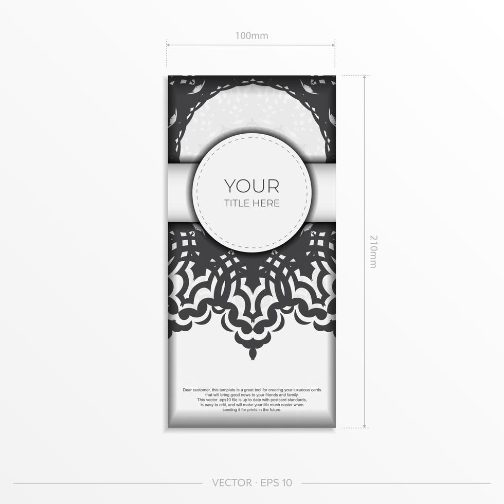 modèle vectoriel d'une carte postale en blanc avec des motifs noirs. conception d'invitation prête à imprimer avec ornement de mandala.