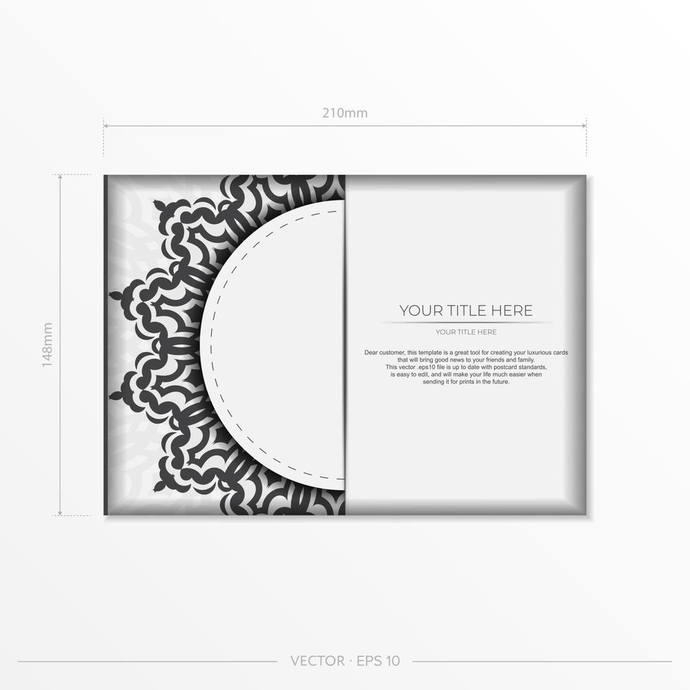 modèle de carte postale blanche avec des motifs noirs. conception d'invitation prête à imprimer de vecteur avec ornement de mandala.