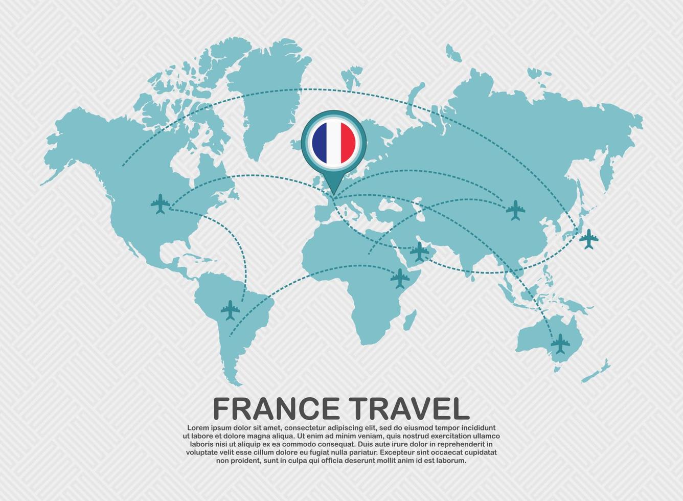 affiche de voyage en france avec carte du monde et itinéraire d'avion volant fond d'affaires concept de destination touristique vecteur