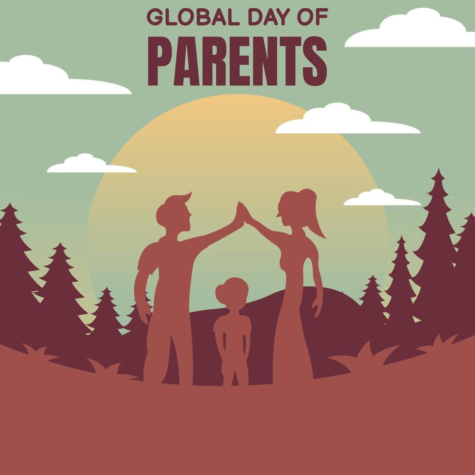 illustration graphique vectoriel de la silhouette d'une famille dans le jardin, montrant des vues sur la montagne et des sapins, parfait pour la journée mondiale des parents, célébrer, carte de voeux, etc.