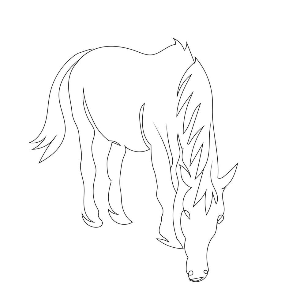 le cheval mange le style de dessin d'art en ligne d'herbe, le croquis de cheval linéaire noir isolé sur fond blanc et la meilleure illustration vectorielle d'art en ligne de cheval. vecteur