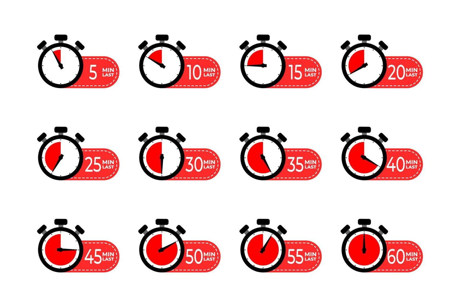 ensemble d'icônes de dernière minute chronomètre. compte à rebours dernière minute de 5 à 60 secondes. élément de bannières de dernière minute. vecteur