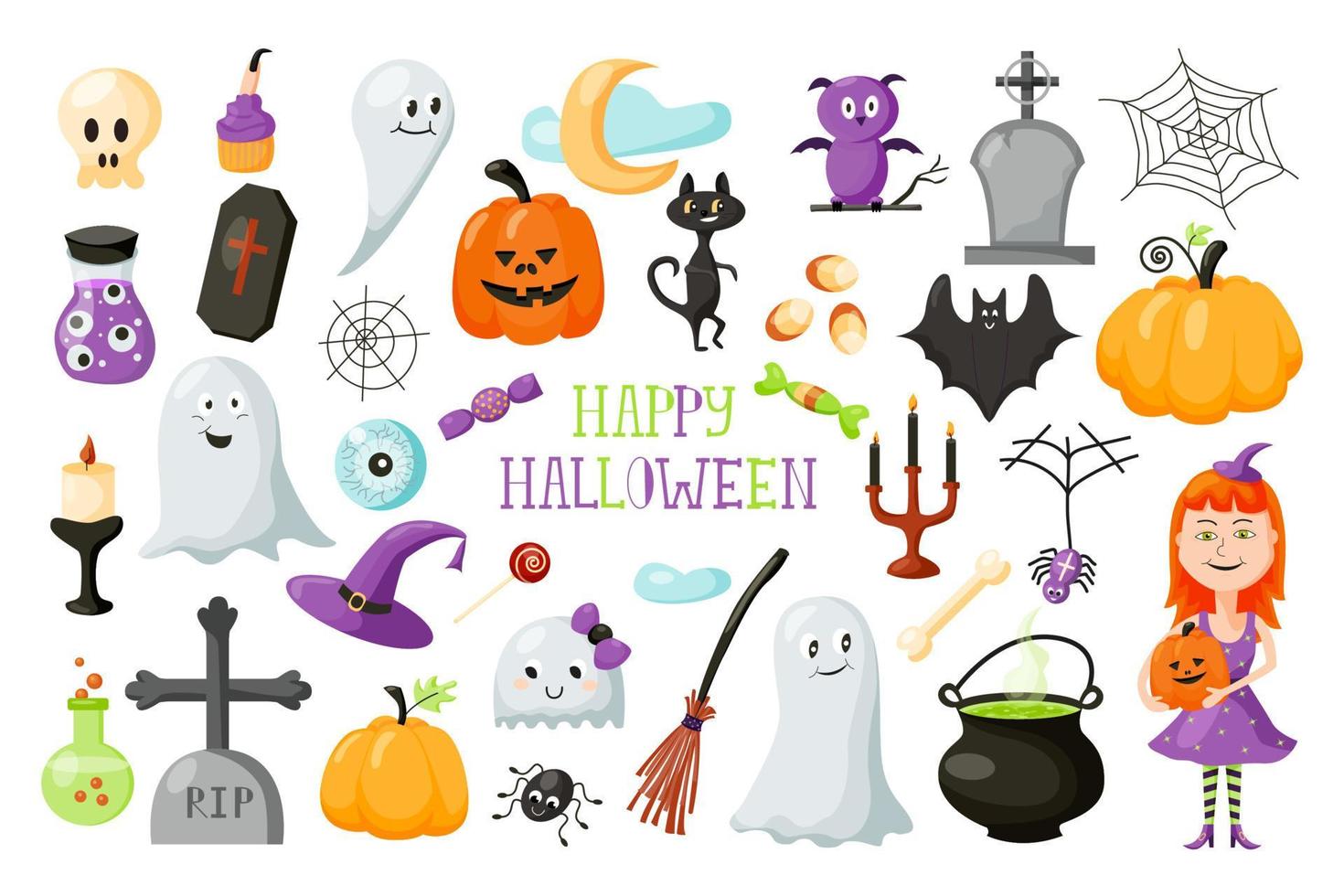 éléments de dessin animé mignon halloween de vacances effrayantes. bons fantômes, chat noir, petite sorcière, citrouilles, bougies, chaudron avec potion, tombes et bonbons à plat vecteur
