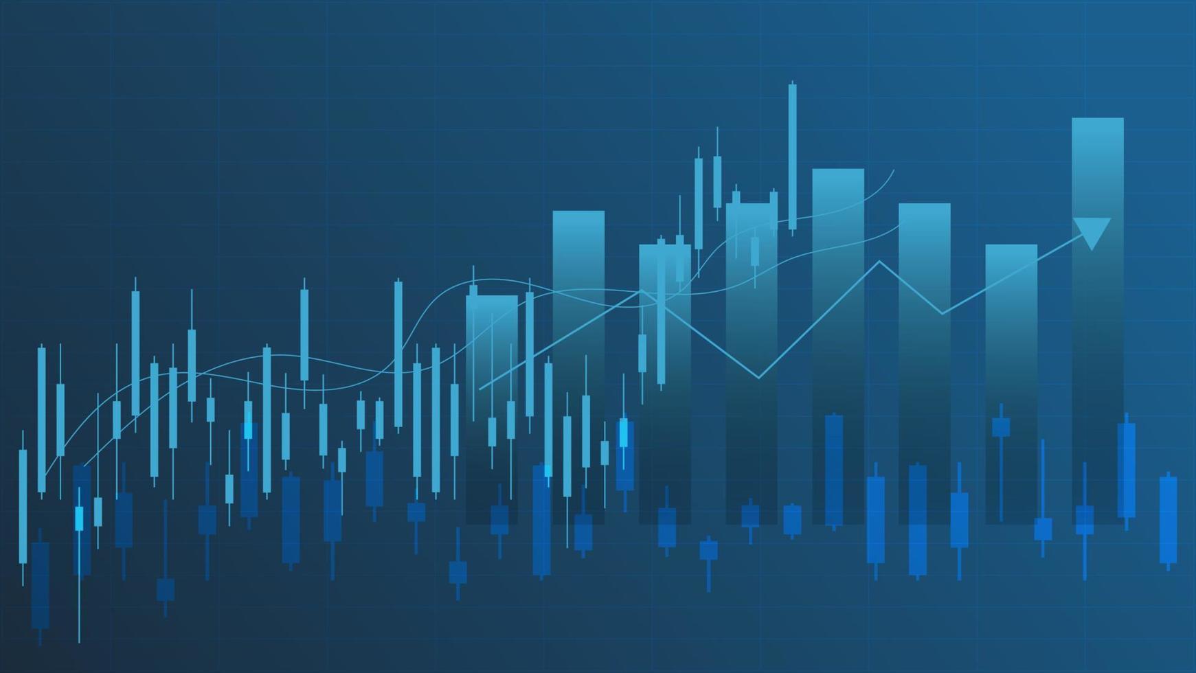 concept de graphique boursier et de trading de crypto-monnaie. le chandelier et le graphique à barres avec indicateur de volume montrent l'argent numérique ou les statistiques financières et la gestion des revenus des entreprises sur fond bleu vecteur