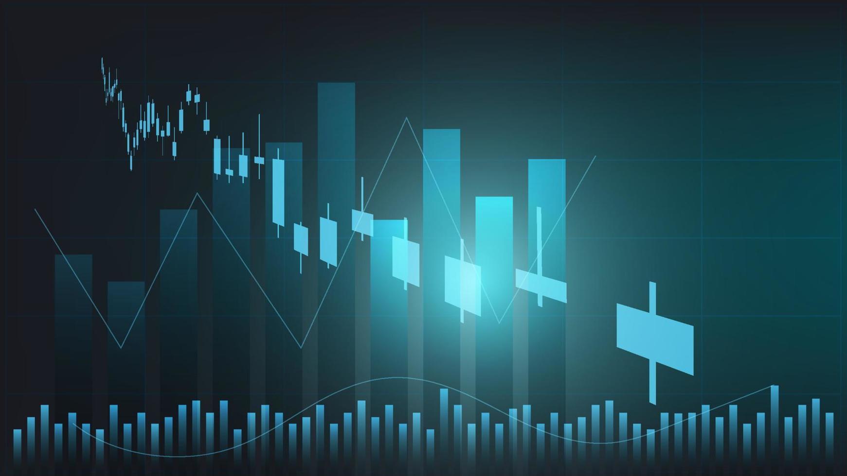 les statistiques des entreprises financières avec un graphique à barres et un graphique en chandeliers montrent le cours de la bourse et le taux de change sur fond vert foncé vecteur