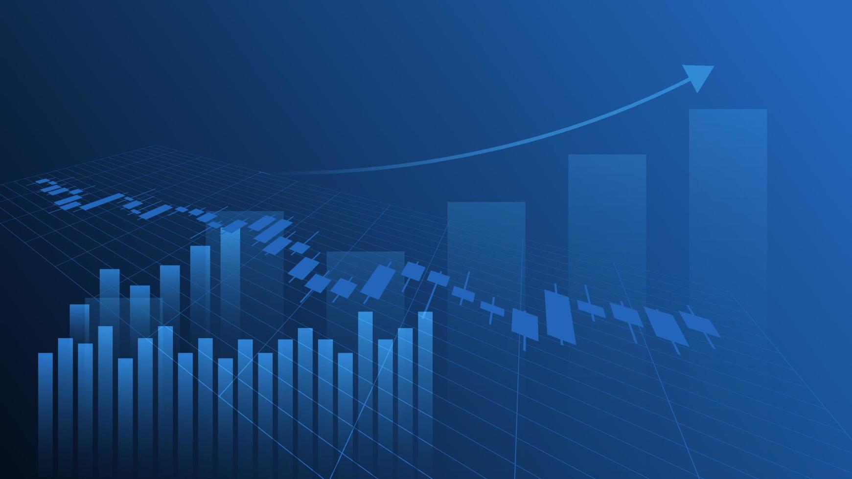 concept de graphique boursier et de trading de crypto-monnaie. le chandelier et le graphique à barres avec indicateur de volume montrent l'argent numérique ou les statistiques financières et la gestion des revenus des entreprises sur fond bleu vecteur