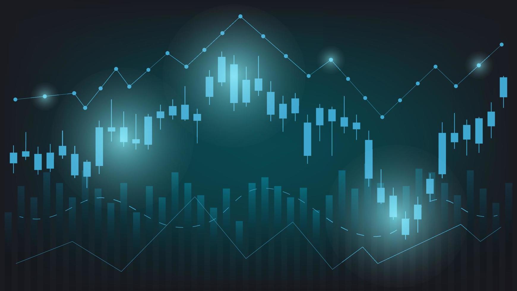 notion de situation économique. les statistiques des entreprises financières avec un graphique à barres et un graphique en chandeliers montrent le prix du marché boursier et le change sur fond vert vecteur