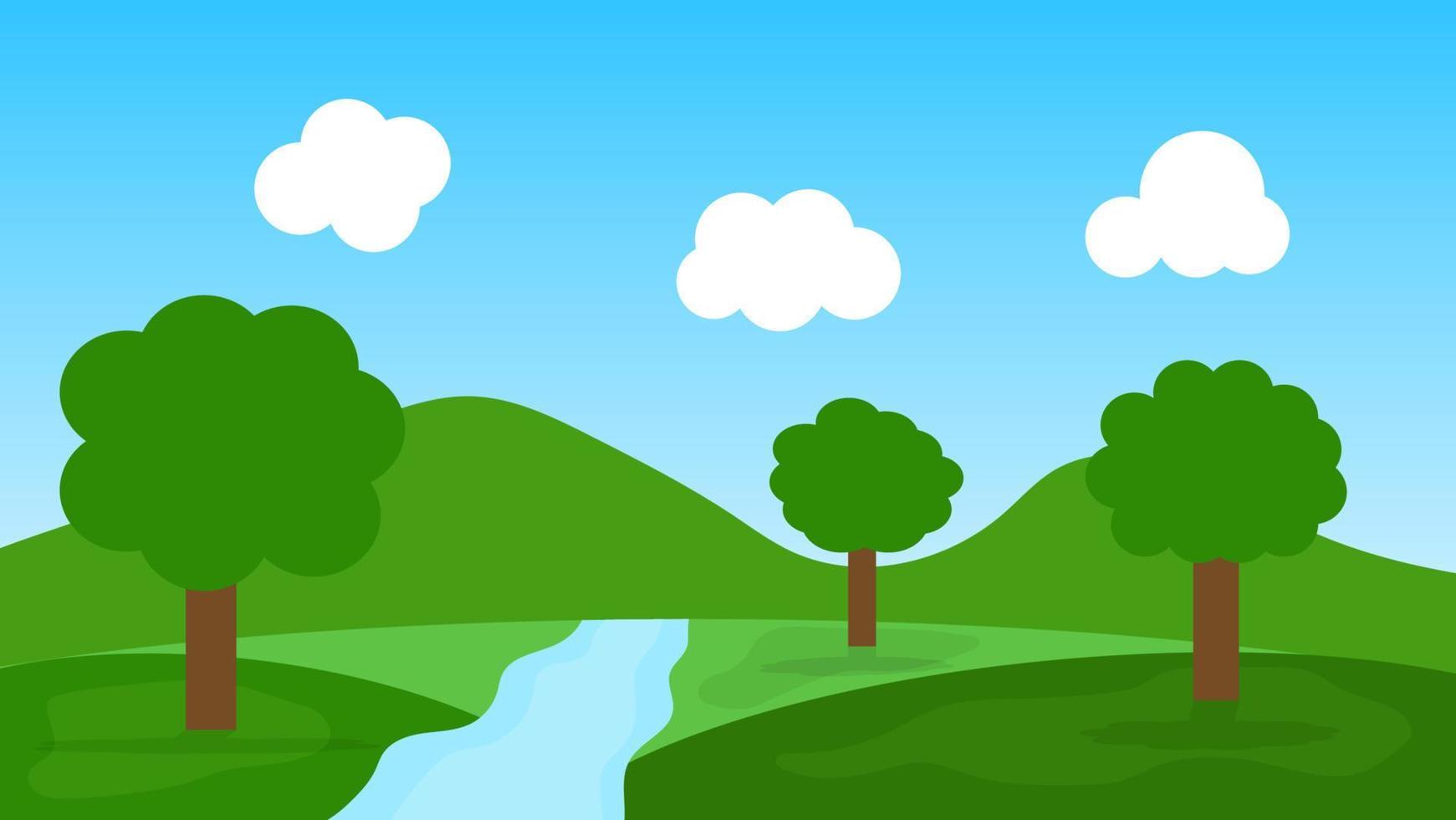 scène de dessin animé de paysage. arbres verts sur les collines avec rivière bleue et nuage blanc moelleux sur fond de ciel bleu d'été vecteur