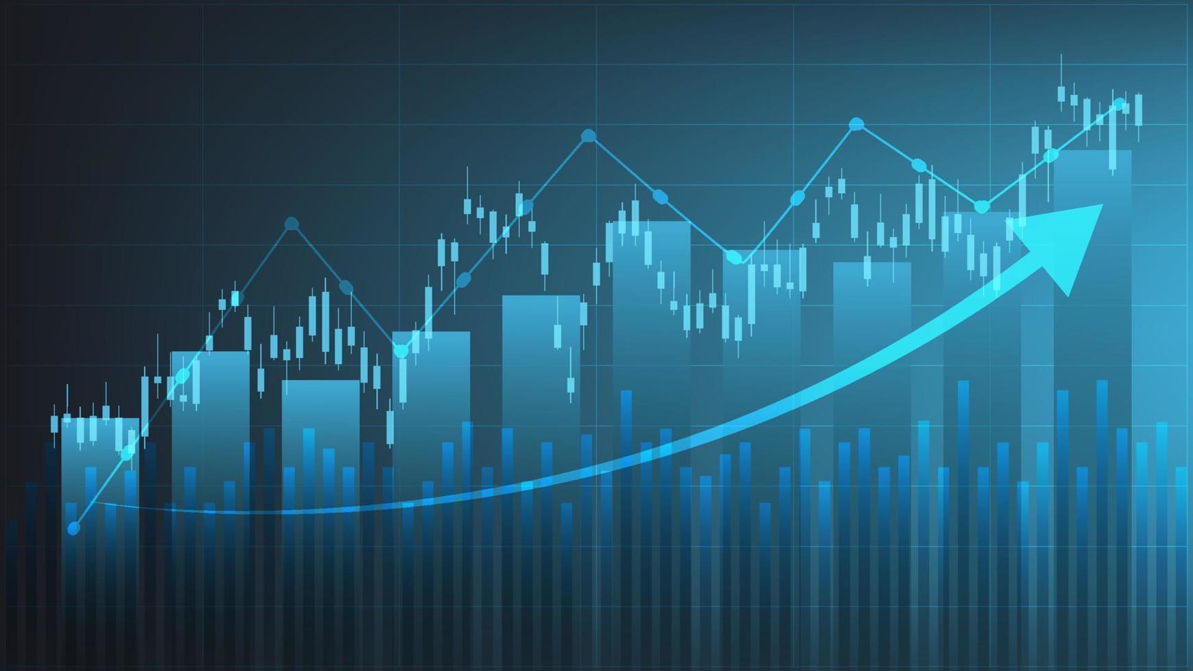 les statistiques des entreprises financières avec un graphique à barres et un graphique en chandeliers montrent le cours de la bourse et le taux de change sur fond vert foncé vecteur