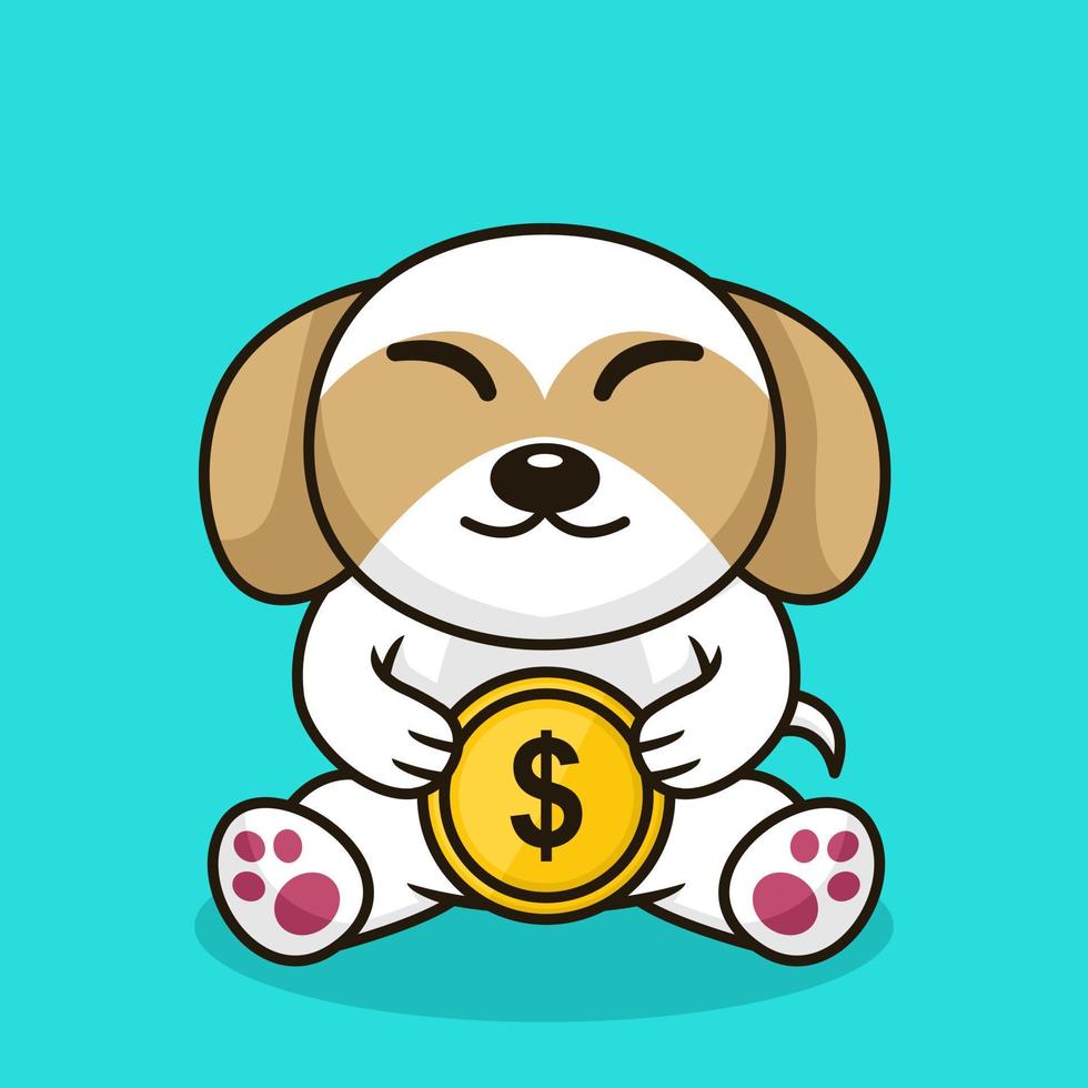 illustration vectorielle de chien mignon premium tenant une pièce d'or vecteur