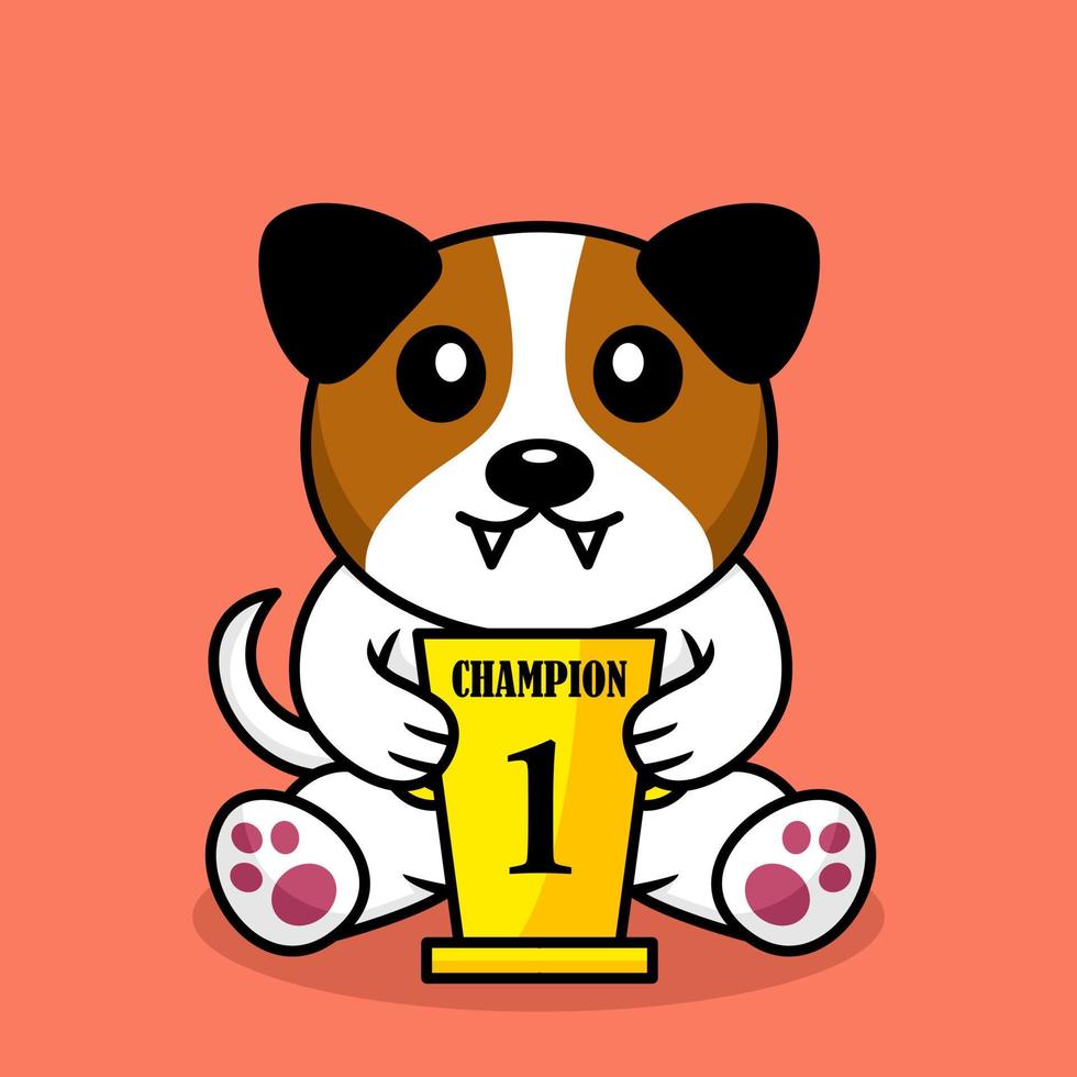 illustration vectorielle de chien mignon premium portant le trophée de la 1ère place vecteur