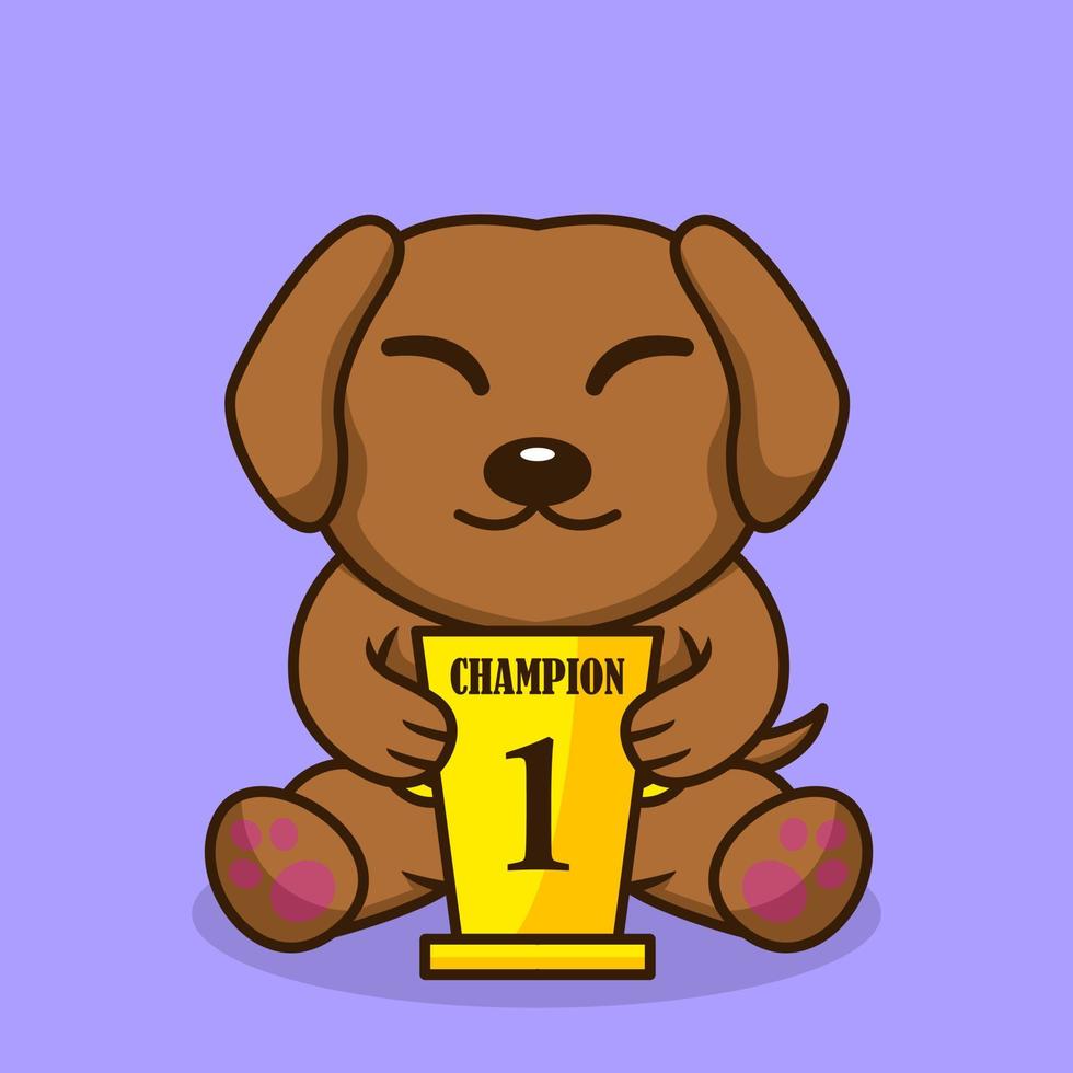 illustration vectorielle de chien mignon premium portant le trophée de la 1ère place vecteur