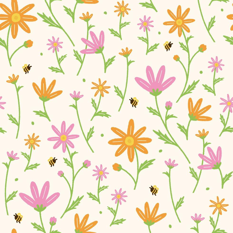 mignon marguerite fleur sur champ abeille printemps été orange rose mariage carte d'invitation carré modèle sans couture illustration vectorielle impression tissu texture textile fond papier, couverture, tissu, décor vecteur