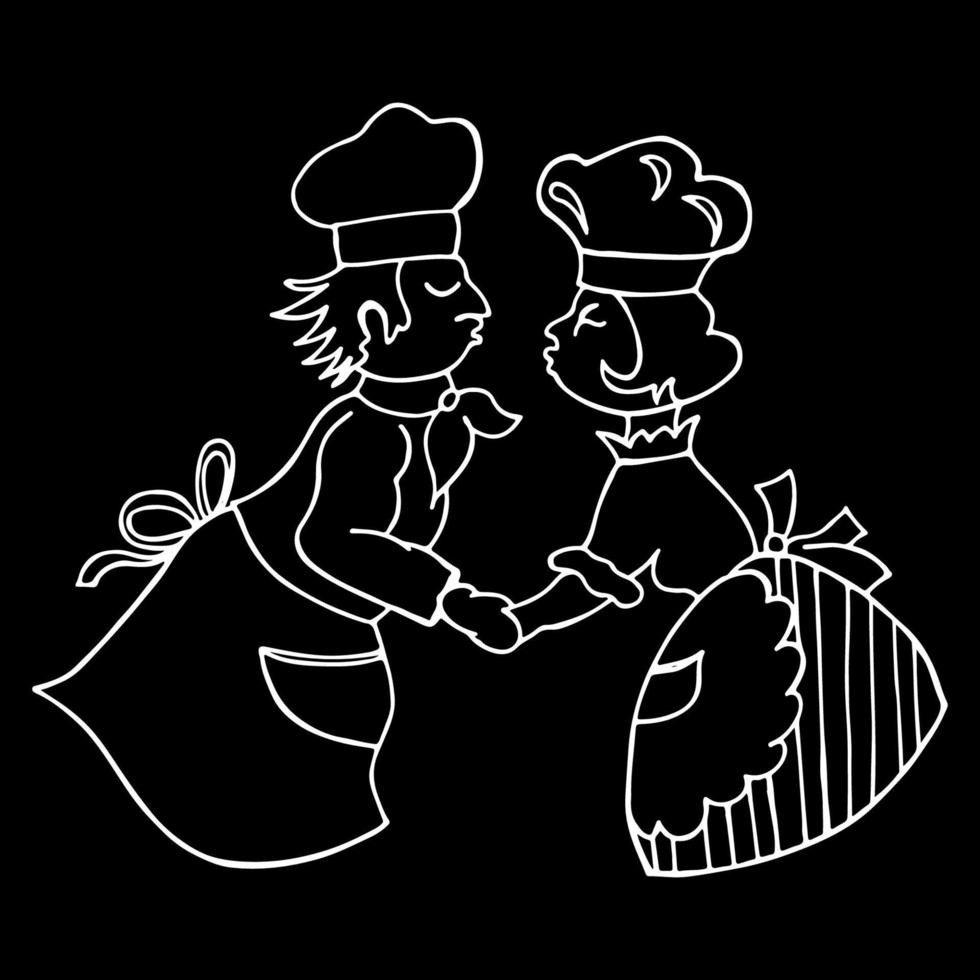 symboles dessinés à la main de la cuisine avec amour sur fond noir, silhouettes de plats et de chefs, emblèmes d'une collection vectorielle pour votre menu, cafés et restaurants vecteur