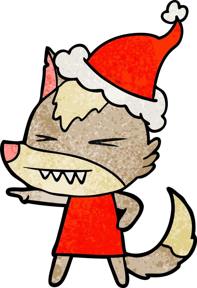 dessin animé texturé de loup en colère portant un bonnet de noel vecteur