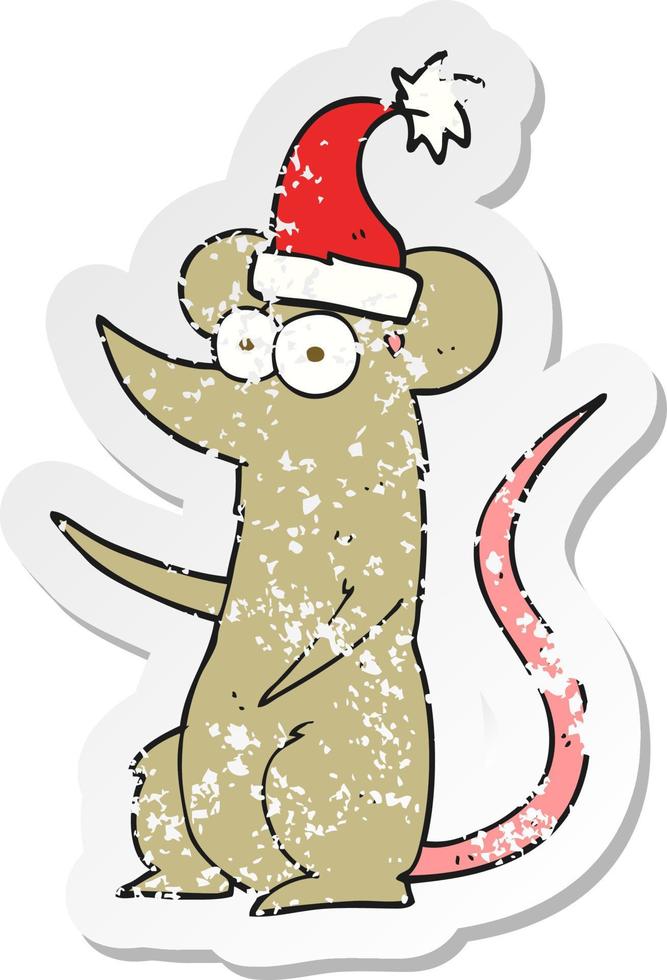 autocollant rétro en détresse d'une souris de dessin animé portant un chapeau de noël vecteur