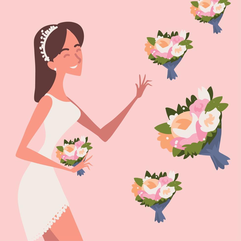mariée de mariage et de nombreux bouquets vecteur